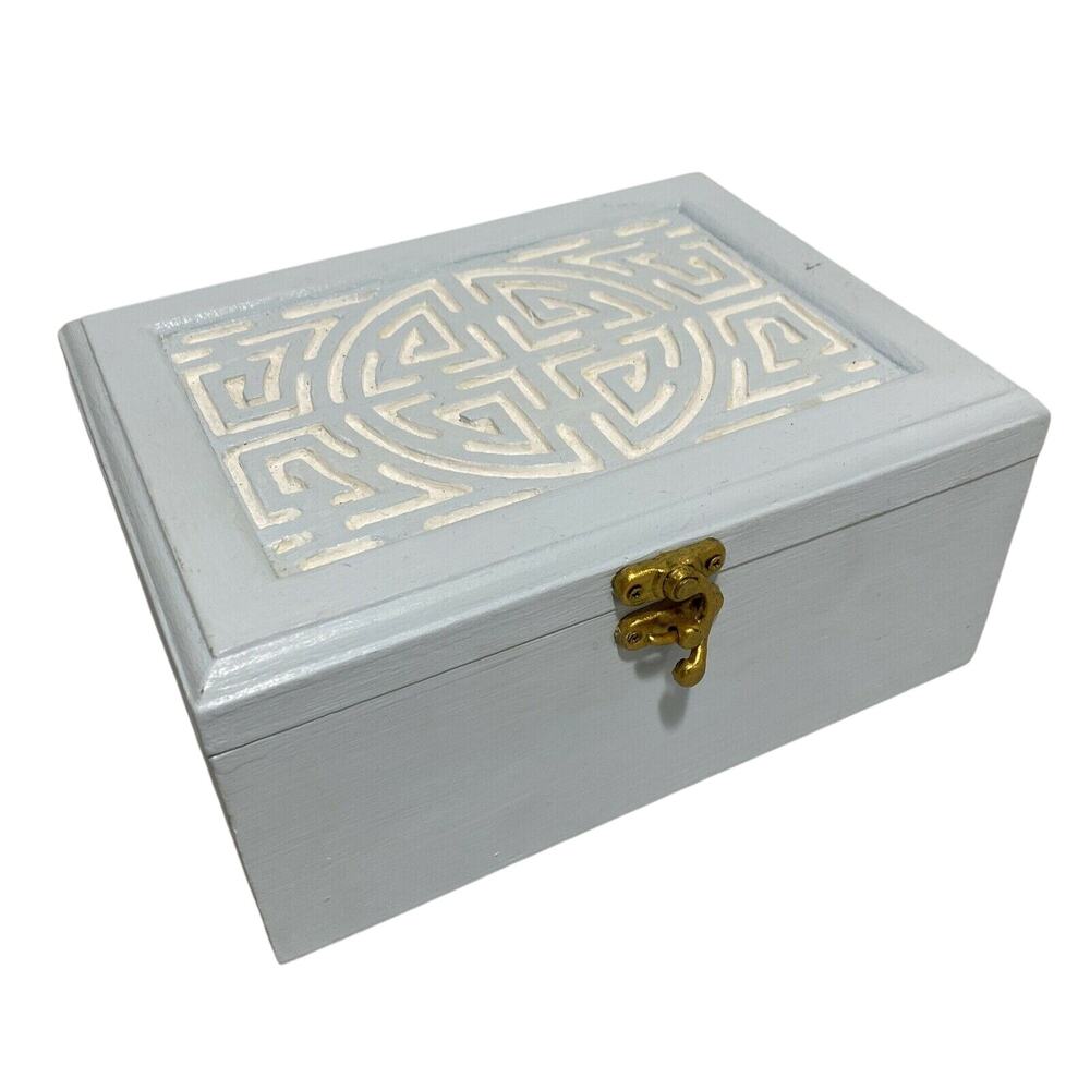Vintage jewelry trinket keepsake box modified wood painted blue & white crafted